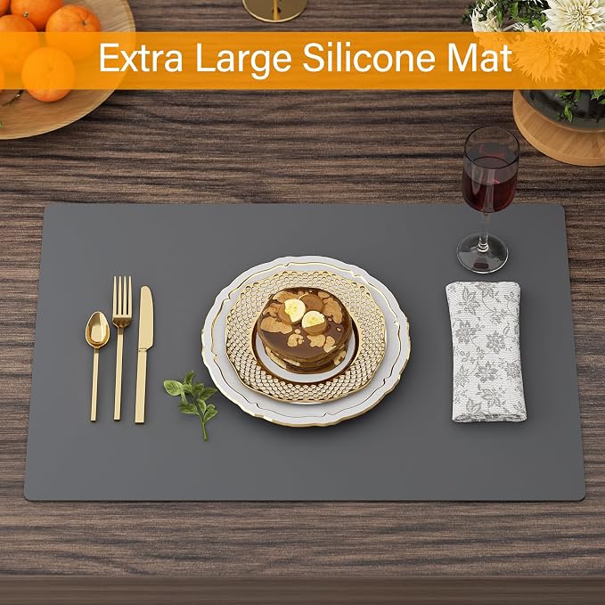 2-Pack Silicone Counter Mats 24”x16”, Grey | 1.5mm thick silicone counter protector, heat resistant & non-slip. Works for air fryer, hot pots, pans and coffee maker.