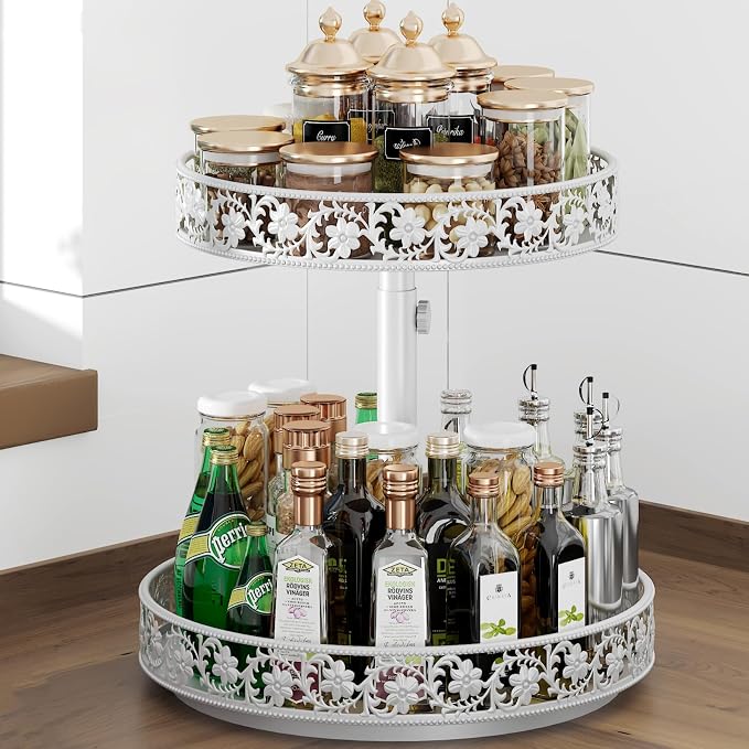 2 Tier Lazy Susan Organizer Turntable, 12 Inch, White | Adjustable, Easy Assembly & Cleaning, Two Tier Rotating Lazy Susan Spice Rack, For Cabinet Dining Table Kitchen Countertop