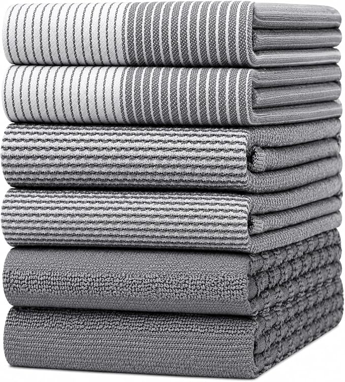 Premium Kitchen Towels 6 Pack 100% Cotton, 20"x28" Dish Towels - Grey | Large Flat & Terry Kitchen Linen Set with Hanging Loops, Highly Absorbent for Washing and Drying Dishes