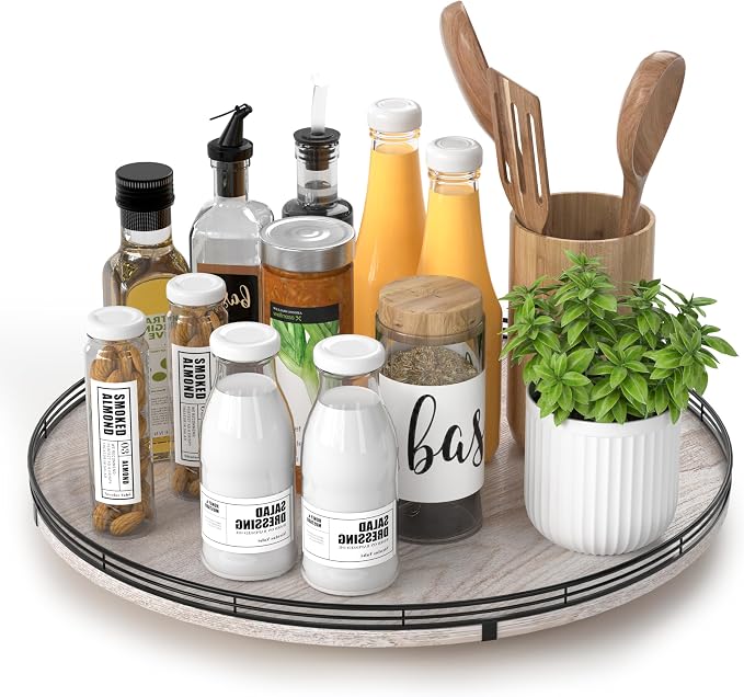 AMH 16-Inch Whitewashed Farmhouse Oak Lazy Susan Organizer | Smooth rotating oak tray with walnut finish for dining tables, kitchen counters, pantries and cabinet storage.