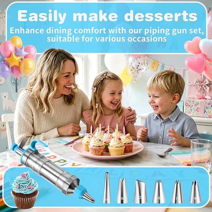 167-Piece Cake Decorating Kit, Icing Dispenser, 54 Tips, Light Blue | 100 Disposable Baking Cups, 10 Silicone Baking Cups, 2 Couplers, Instruction Manual, Stainless Steel Dispenser