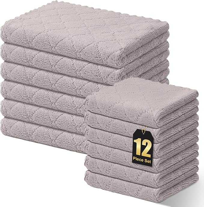 Homaxy Super Soft 12 Pack Kitchen Towels and Dishcloths Set, Grey | Ultra-Absorbent, 10 x 10 and 13 x 19 Inches, Coral Velvet, No Lint, Nonstick Oil, Fast Drying, Microfiber Cleaning Cloth