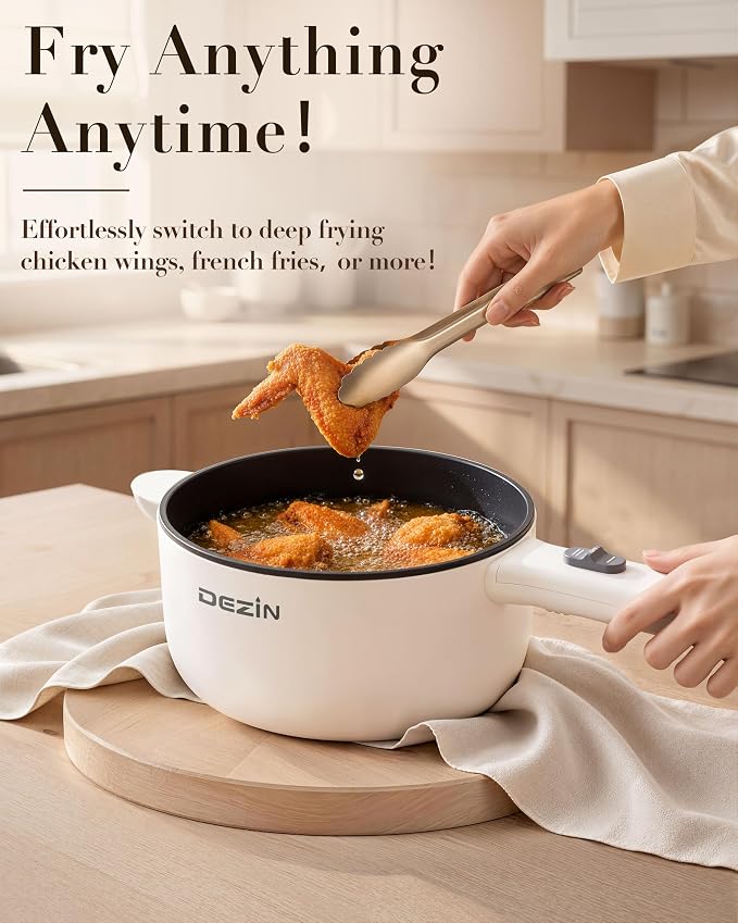 Dezin 2L Hot Pot Electric, Non-Stick Electric Pan, 700W Adjustable Power | Electric Pot for Cooking/Steak/Egg/Fried Rice/Ramen/Soup, Portable Pot for Dorm/RV/Family/Travel/Camping, Include Spatula