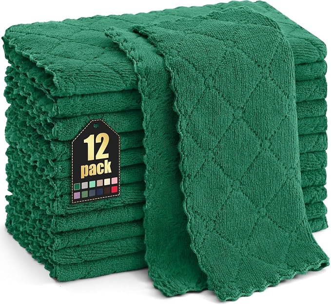 Homaxy 12 Pack Super Soft & Absorbent Dish Cloths, 10" x 10", Dark Green | Coral Velvet, Nonstick Oil Fast Drying Microfiber Cleaning Cloth, No Lint Household Dishcloths