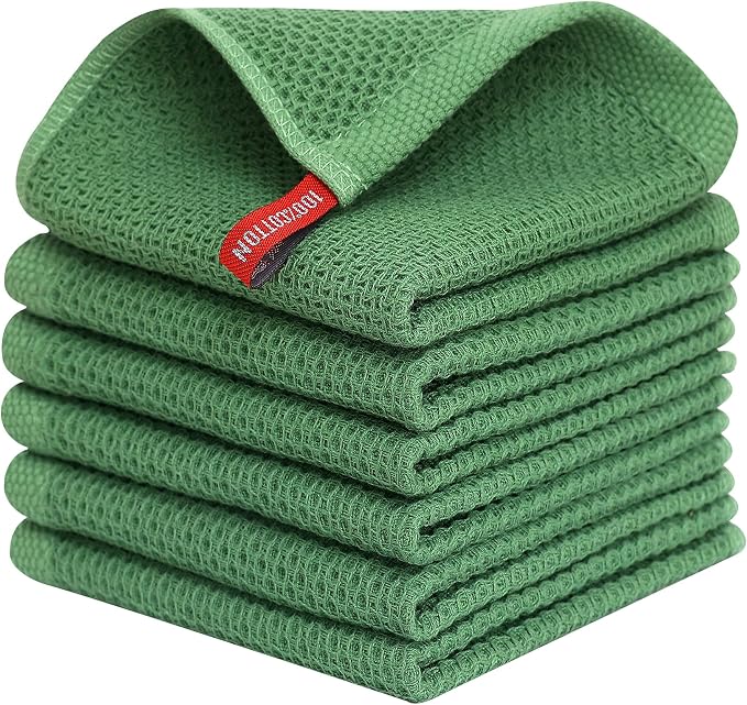 Kitinjoy 100% Cotton Waffle 6-Pack Kitchen Towels, 12" x 12", Grass Green | Ultra Absorbent, Super Soft, lightweight, Quick Drying Dish Rags for Washing Dishes