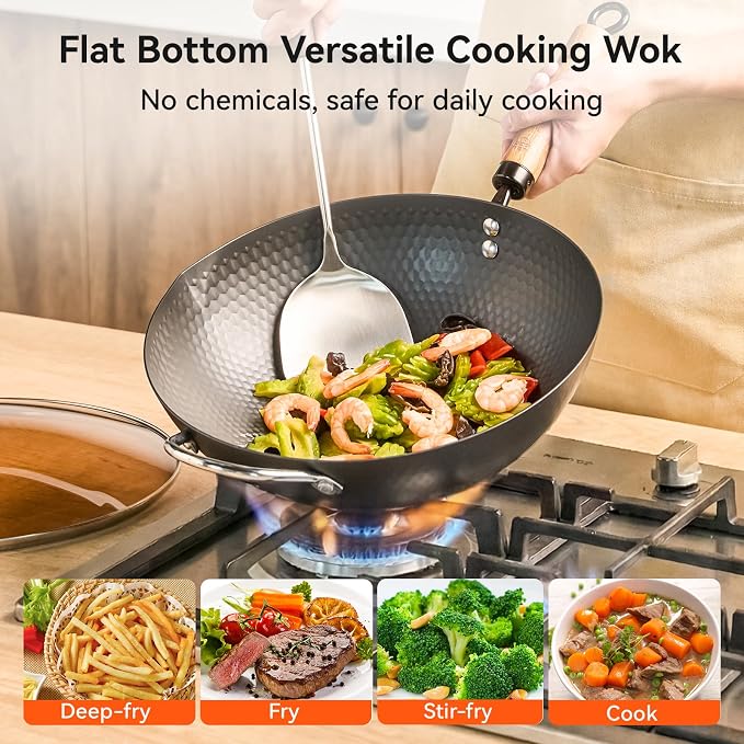 WANGYUANJI Flat Bottom Wok Pan, 12.6 Inch Carbon Steel Stir Fry Pan with Lid, Uncoated Heavy Duty Iron Woks for Cooking, Compatible with Induction Gas Electric Stovetops, Deep Frying Skillet Cookware