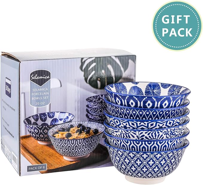 Selamica Blue and White Porcelain 20oz Cereal Bowl Set - Set of 6, 6 inch Soup Bowls, Ceramic bowls for Cereal, Soup, Salad and Pasta, Vintage Blue | Ceramic bowls for Cereal, Soup, Salad and Pasta