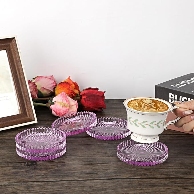 Modern Clear Coaster Set of 5- Glass Coasters for Drinks, Clear Purple | Crystal Coasters Round Cup Mat Coffee Table Decor for Office, Kitchen, Bar, Dining Room, Living Room, Patio