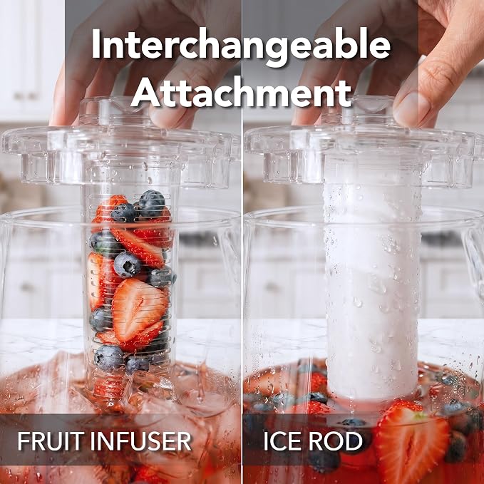 OVENTE Fruit Infusion Water Pitcher 2.5 Liters, Clear PIA0852C | With Removable Lid, Infuser Rod and Ice Rod, BPA-Free, Shatterproof Acrylic Beverage Jug for Flavor-Infused Drinks & More