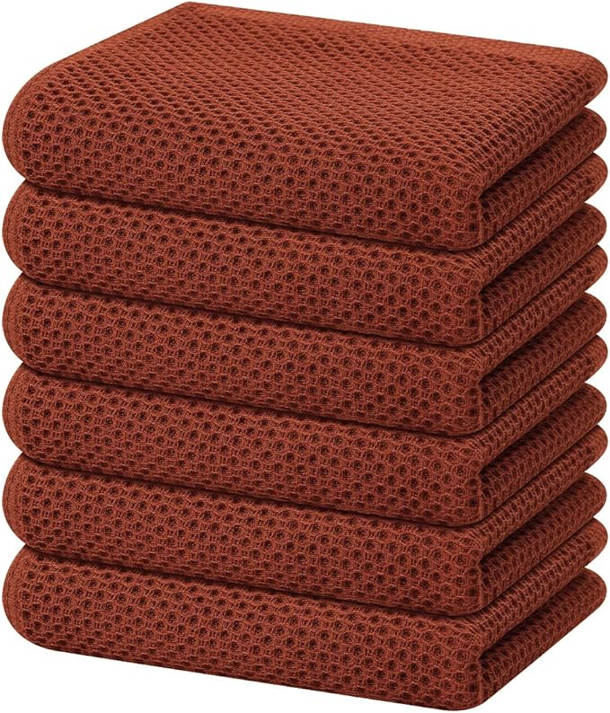 Homaxy 100% Cotton Waffle Weave Kitchen Dish Towels 6-Pack, Rust | 13 x 28 Inches, Ultra Soft Absorbent Dish Towels, Quick Drying Cleaning Towels