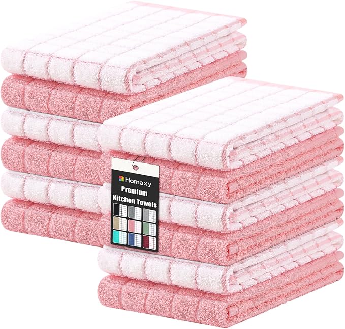 Homaxy Large Premium Cotton Kitchen Towels 16"x 28", 12 Pack, Pink | Natural Ring Spun 390 GSM Dish Towels, Super Absorbent Terry Kitchen Hand Towels, Soft Tea Towels with Hanging Loop