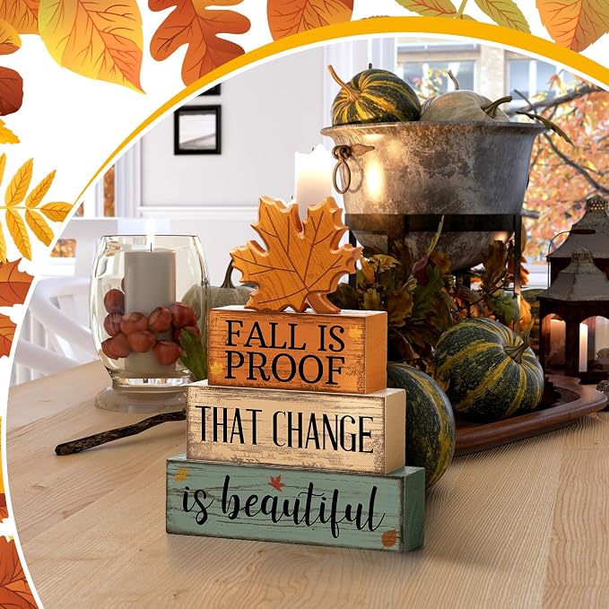 Lineshading 4 Pcs Fall Decoration For Home Wooden Maple Leaf Stacked Decor | Rustic Thanksgiving Table Centerpiece, Tiered Tray Styling, Beautiful Change Quote, Autumn Seasonal Home Accents