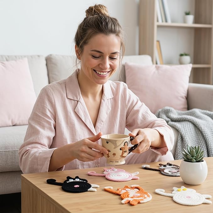 Cat Gifts for Cat Lovers 5PCS Cat Coaster Woven Creative Cat Coaster