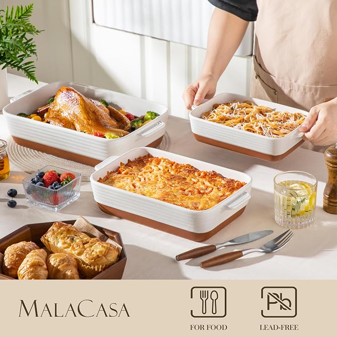 MALACASA Casserole Dishes for Oven, Ceramic Baking Dishes Set of 3, Baking Pan Casserole Dish Set, Rectangular Lasagna Pan Deep with Handles for Baking, Khaki White (14.5''/13''/10.5''), Series TARA