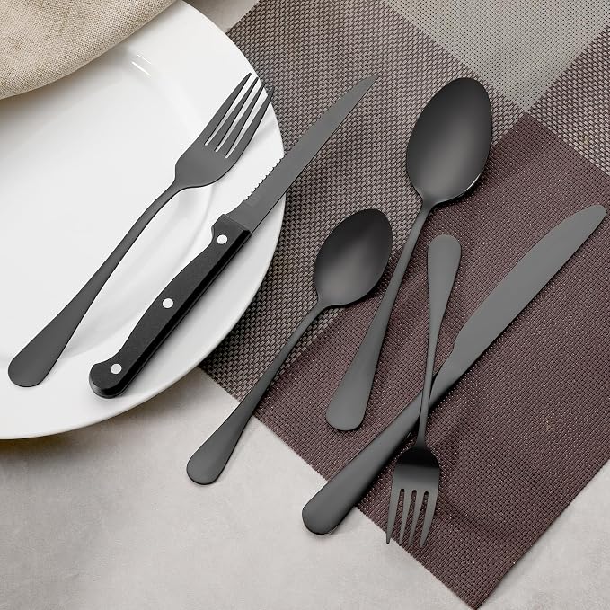 24 Pcs Black Forks and Spoons Silverware Set, Food Grade Stainless Steel Flatware Cutlery Set for Kitchen and Restaurant, 12 Dinner Fork(8") and 12 Teaspoon(6.7"), Mirror Polished, Dishwasher Safe