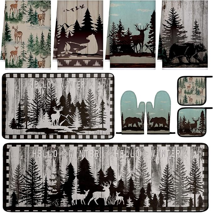 Fourluoo 10 Pcs Farmhouse Kitchen Decor Set Dish Towels Kitchen Rugs Oven Mitts and Pot Holders for Cooking Baking Grilling Women Mom Daughter Gift(Brown,Green,Forest)