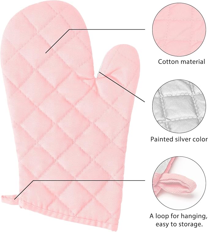 6Pcs Cotton Oven Mitts and Pot Holders Set Heat Resistant Hot Pads Durable Pocket Pot Holder Machine Washable BBQ Gloves with Hanging Loop for Safe Kitchen Baking Cooking Grilling Pink
