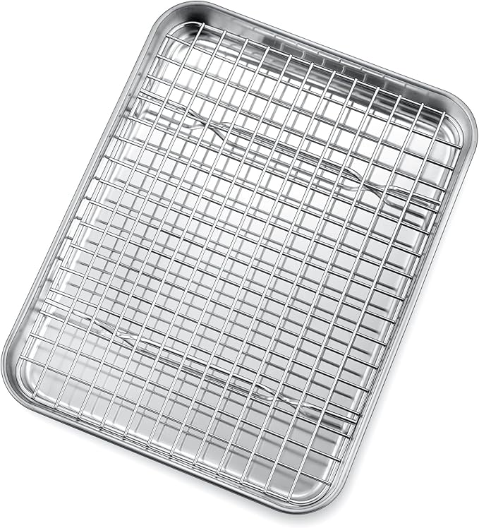 P&P CHEF 10.4 Inch Toaster Oven Pan Tray with Wire Rack, 2 PCS | Baking Sheet Pan + Cooling Rack for Cooking/Roasting, Dishwasher Safe & Rust Free, Non-toxic & Sturdy
