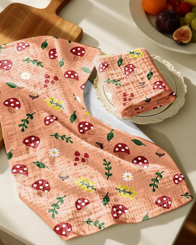 370GSM Cotton Waffle Kitchen Towels, Mushroom | Pure Cotton, Sustainable, Waffle Weave, Terry Cloth, Highly Absorbent, Decorative, 16"x25", with Hanging Loop