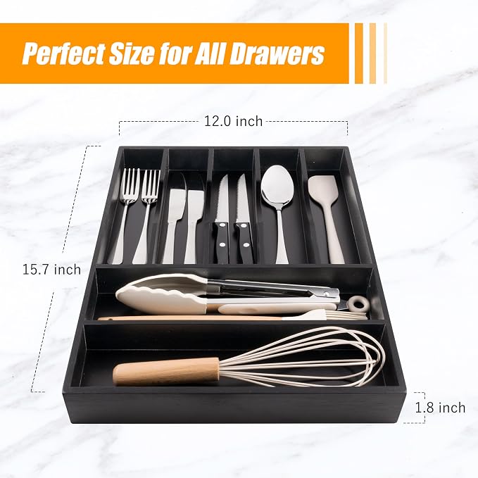 Bamboo Silverware Drawer Organizer, Utensil Kitchen Drawer Organizer, Utensil Holder Cutlery Tray with Grooved Drawer Dividers for Kitchen Utensils and Flatware Bedroom Office (7 Slot, Black)