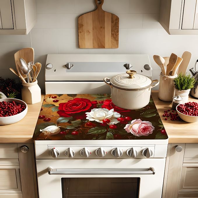 Floral Stove Cover 28.3 x 20.5 Inches Rose Stove Top Protector Heat Resistant Non Slip Glass Electric Stove Cover Board Farmhouse Flower Kitchen Decor Mat (Red flower)
