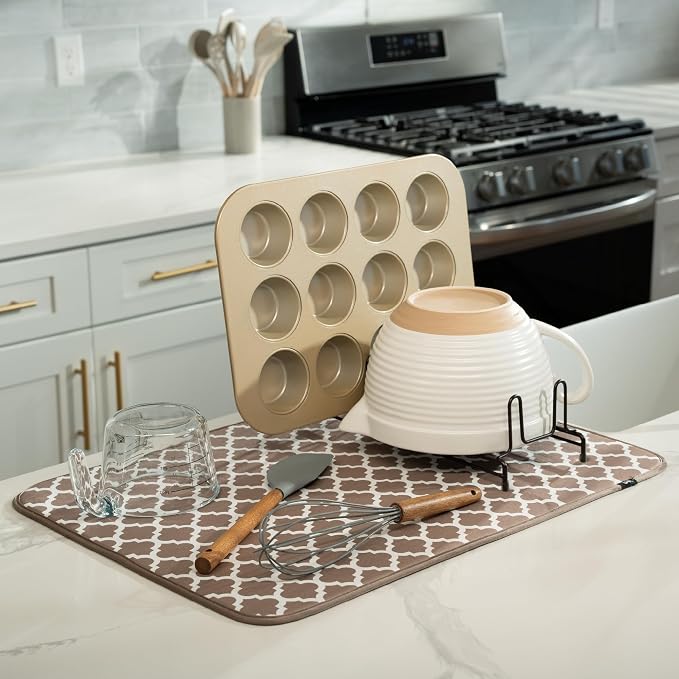 S&T INC. Dish Drying Mat, 18" x 24", XL, Tan Trellis | Absorbent Microfiber, Extra Large Kitchen Counter Mat for Dishes, Utensils, Pots and Pans, Machine Washable