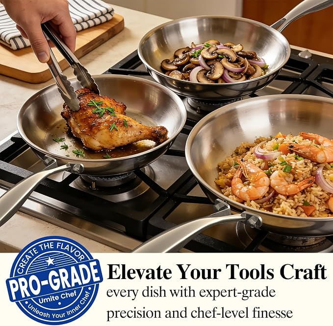 Umite Chef Stainless Steel Frying Pan Set with Lid, 3Pcs Skillet Set (Includes 8",10",12") - 5 Ply Stainless Clad - Heavy Duty & Professional Cookware Set, Fast & Even Heat, Dishwasher and Oven Safe