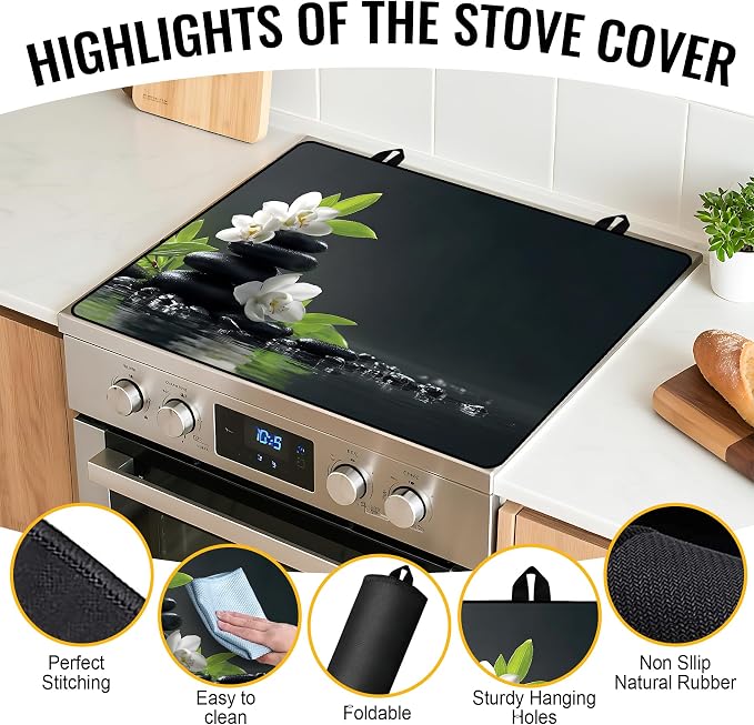NYZE Stove Top Cover for Electric/Glass Stove, Flat Top Cooktop Protector, Electric Cooktop Cover, Extra Counter Space for Kitchen (White Orchid Stacked Stones)