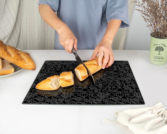 Glass Cutting Board 16"x12": Tempered Glass Kitchen Counter Protector - Durable- Scratch-Resistant, Heat-Proof - Design 4 - Black Design