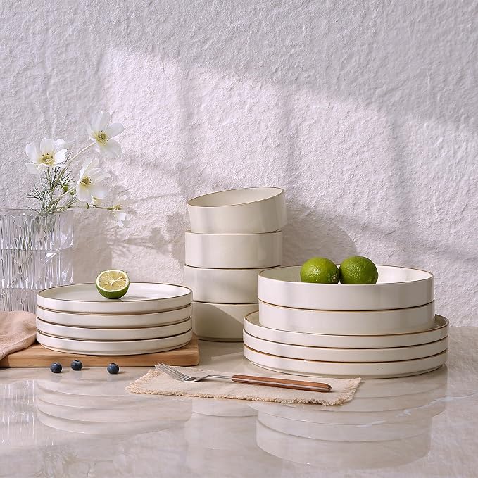 Famiware Nebula 18-Piece Dinnerware Set, Vanilla White with Brown Rim | Stoneware Dish Set for 6, Plates and Bowls, Microwave and Dishwasher Safe, Chip and Scratch Resistant