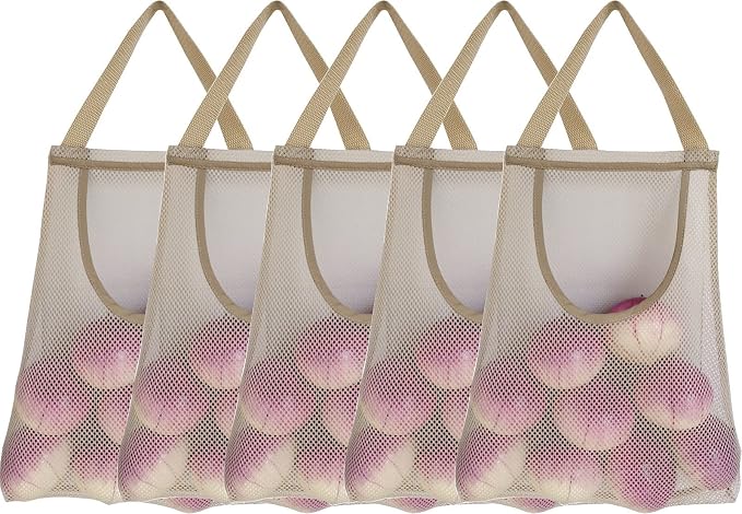 5 Pack Hanging Mesh Storage Bags Potatoes Bag Onion Mesh Garlic Net Long and Large Reusable Net Storage Produce Bags for Kitchen Reusable Grocery Bags (Top opening beige)