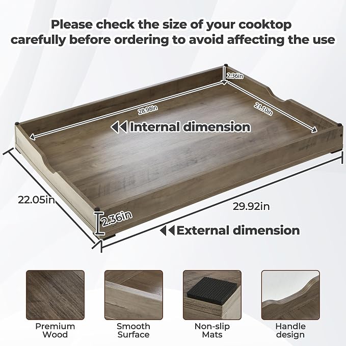 WOLKI Noodle Board Stove Covers for Gas Burners, 30"L x 22"W x 2.5"Th Heavyweight Stove Top Covers for Electric Stove, Buil-in Handles, RV Stove Cover, Sink Cover, Wooden Serving Tray (Grey)