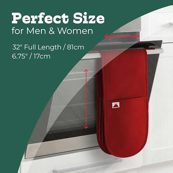 Red Double Oven Mitt Kitchen Protection, Pack of 1 34x7.5 inches Heat Resistant Cotton, Professional Grade with Terrycloth Lining
