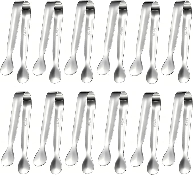 HOTEC 12Pcs Mini Silver Tongs for Serving, 4.3" Small tongs Stainless Steel Sugar Tongs for Coffee Bar, Tea Party, Appetizers, Desserts, Buffet and Ice Bucket Food-Grade & Dishwasher Safe