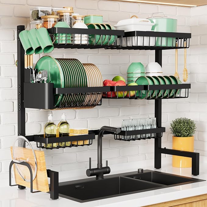 Kitsure Adjustable Over The Sink Dish Drying Rack, 31.5" -39.4" x 30.3" | Sink Drying Rack for Kitchen Sink, Dish Rack Over Sink with Cutlery & Utensil Holders, Kitchen Storage, Black