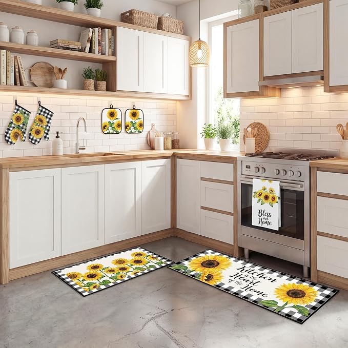10 Pcs Kitchen Decor and Accessories Set, SunflowerRustic Botanical | Floral 4 Dish Towels Kitchen Rugs 2 Oven Mitts 2 Pot Holders, Home Decor for Cooking Baking BBQ Gifts Women Mom Housewarming