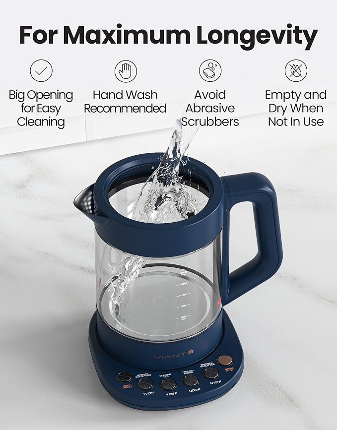 Viante Alba Electric Tea Kettle, Infuser, No Plastic, 1.5L, Midnight Blue | Borosilicate glass & 304 stainless steel construction. 4 temp presets, keep-warm, cordless, auto shut-off