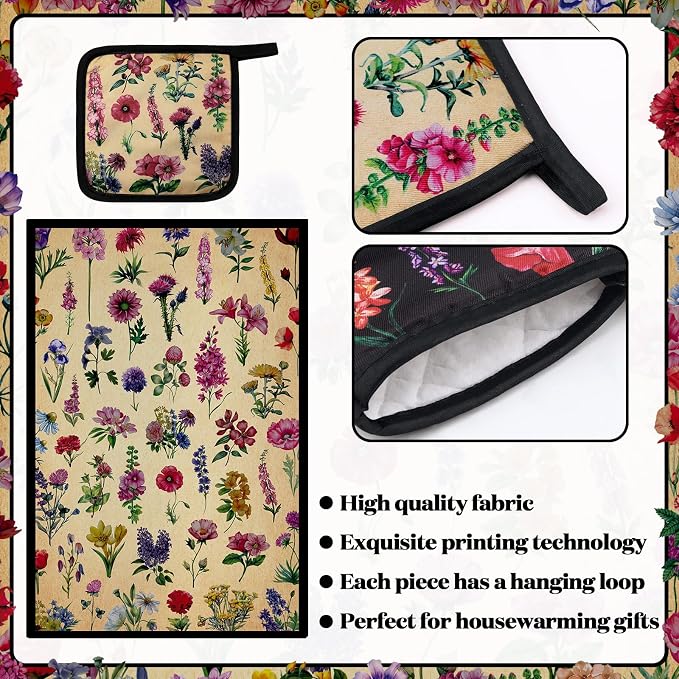 Bencailor 6 Pcs Vintage Wildflower Kitchen Towels Oven Mitts and Pot Holders Set Decorative Dish Towels Tea Washcloth Non Slip Heat Resistant Oven Gloves for Summer Home Cooking Baking, Cute Color