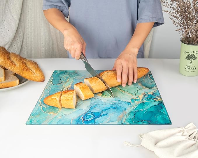 Glass Cutting Board 16"x12": Tempered Glass Kitchen Counter Protector - Durable- Scratch-Resistant, Heat-Proof - Design 9 - Teal Ocean
