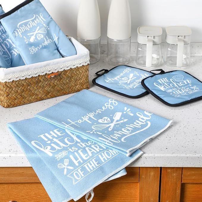 Sratte 6 Pcs Kitchen Decor Accessories Set, Kitchen, Light Blue | Farmhouse Kitchen Towels Pot Holders Oven Mitts Set 2 Dish Towels 2 Potholders 2 Cooking Mittens for Baking Cooking Supply