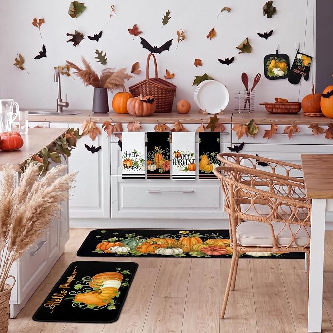 Fanfanwin 10 Pcs Fall Pumpkin Kitchen Decor and Accessories Set Kitchen Towels Pot Holders Oven Mitts and Rugs Sets for Home Autumn Decorations Cooking Baking Housewarming Gifts