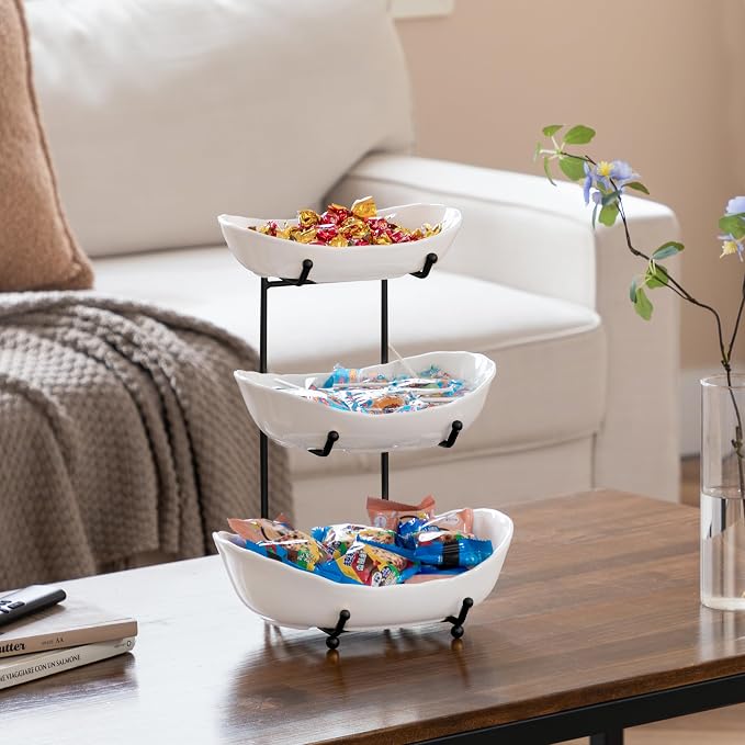 HBlife Fruit Bowl for Kitchen Counter - 3 Tier Ceramic Fruit Rack, Fruit Basket for Fresh Fruit&Veggies, Tiered Fruit Platter Serving Trays for Party