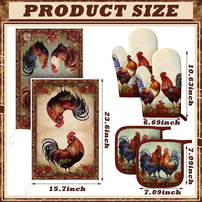 Bencailor 6 Pcs Rooster Chicken Kitchen Decor Rooster Kitchen Towels Brown Pot Holders and Oven Mitts Sets 2 Farmhouse Cooking Mittens for Cooking Grilling Supply Accessories