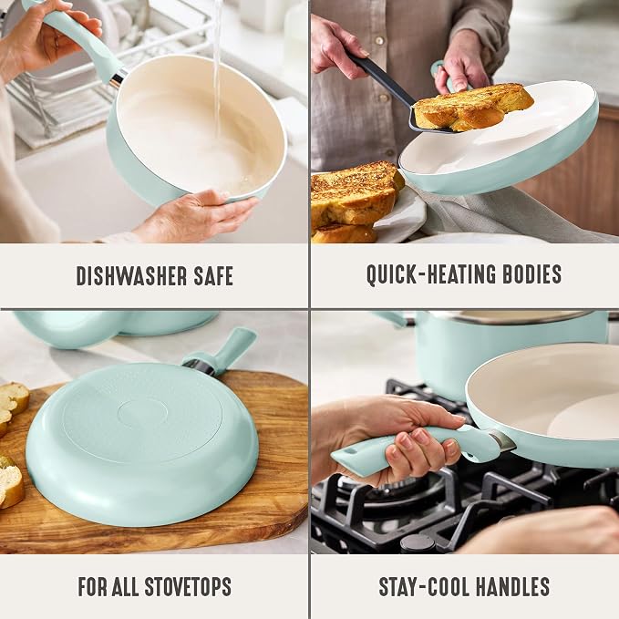GreenLife 2 Piece (8" & 10") Ceramic Nonstick Skillet Set, Mint Green | PFAS-Free Nonstick Coating, Frying Pans, Omelet Pans, Everyday Pan, Induction Ready, All Stovetop Compatible, Dishwasher Safe