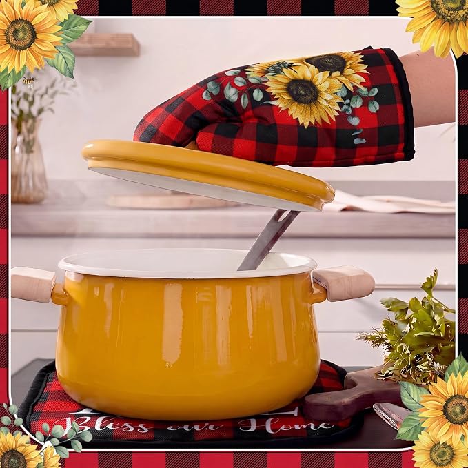 Leinuosen 8 Pcs Sunflower Red Black Checkered Kitchen Towels and Dishcloths Sets Pot Holders and Oven Mitts Sets Absorbent Kitchen Gloves Potholders Heat Resistant for Chef Baking Cooking
