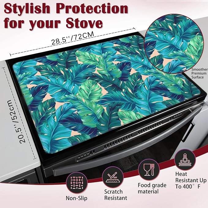 Watercolor Green Leaves Stove Top Cover Glass Cooktop Heat Resistant Cover,Ceramic Stove Top Covers Mat Prevents Scratching Stoves/Counter/Washer Protector, 28x20 in