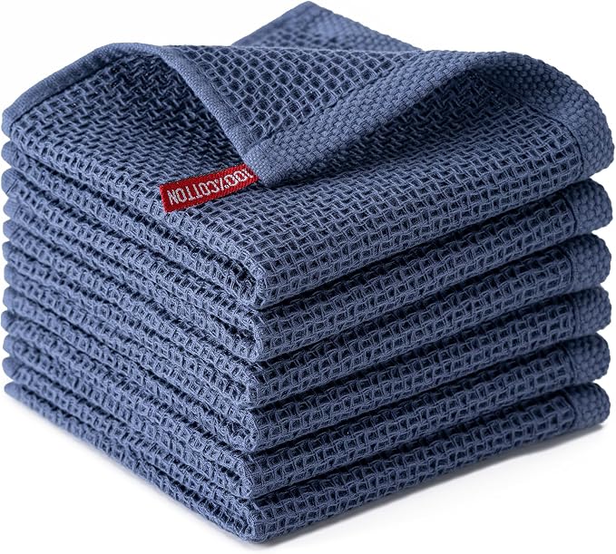 Kitchen Towels 6-Pack Kitchen Dish Cloths,100% Cotton,12x12 In,Navy Blue | Towels Waffle Weave,Ultra Soft Absorbent, Quick Drying