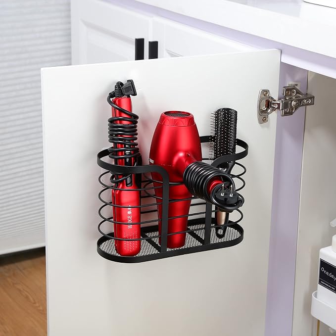 YIGII Blow Dryer Holder, Adhesive Wall Mount Bathroom Organizer, Black | Hot Tool Storage for Hair Dryers and Electric Shavers, Space-Saving Design with No Drill Installation for Bathroom Counters