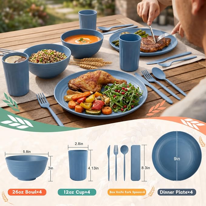 28-Piece Wheat Straw Dinnerware Sets, Microwave & Dishwasher Safe Unbreakable Dinnerware Set, Reusable Dishware Sets, Lightweight Camping Dishes, Plates, Cups, Cereal Bowls for 4 (Navy Blue)