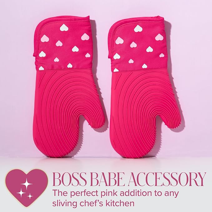 Paris Hilton Oven Mitt Set with Heart Design, Heat Resistant Pot Holders Featuring Non-Slip Textured Silicone Grips, 2-Piece Set, Pink